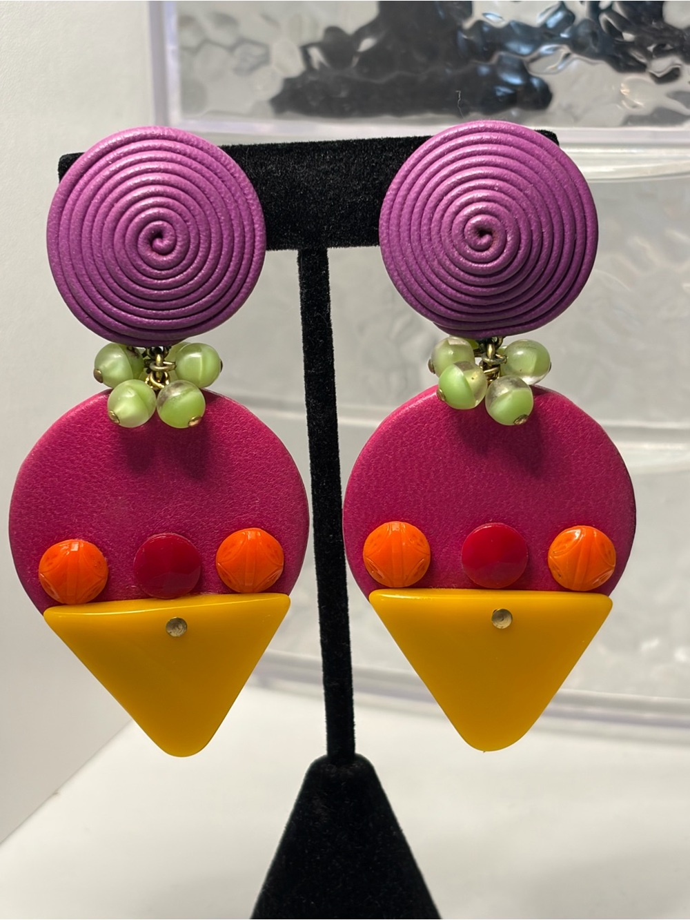 Vintage Ajis Studio Signed Leather Statement Earrings, Memphis Style Geome